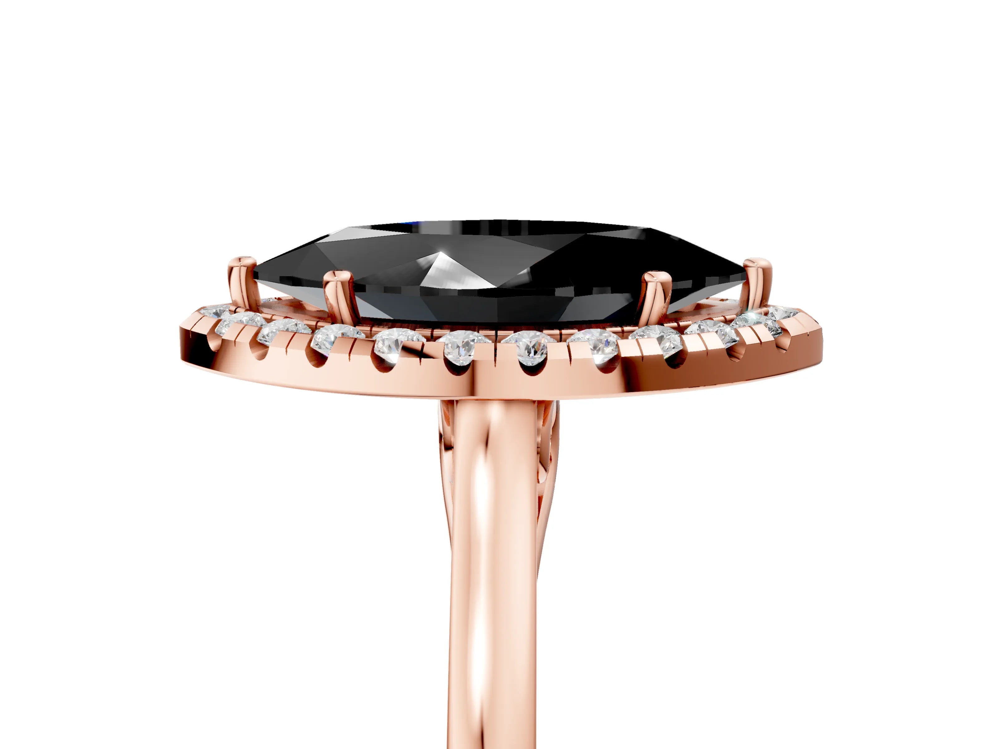 Rose gold Fancy Black Marquise Cut Halo Round Diamond Solitaire Ring with Pavé Band and Four-Prong Setting_5