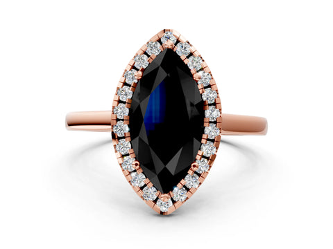 Rose gold Fancy Black Marquise Cut Halo Round Diamond Solitaire Ring with Pavé Band and Four-Prong Setting