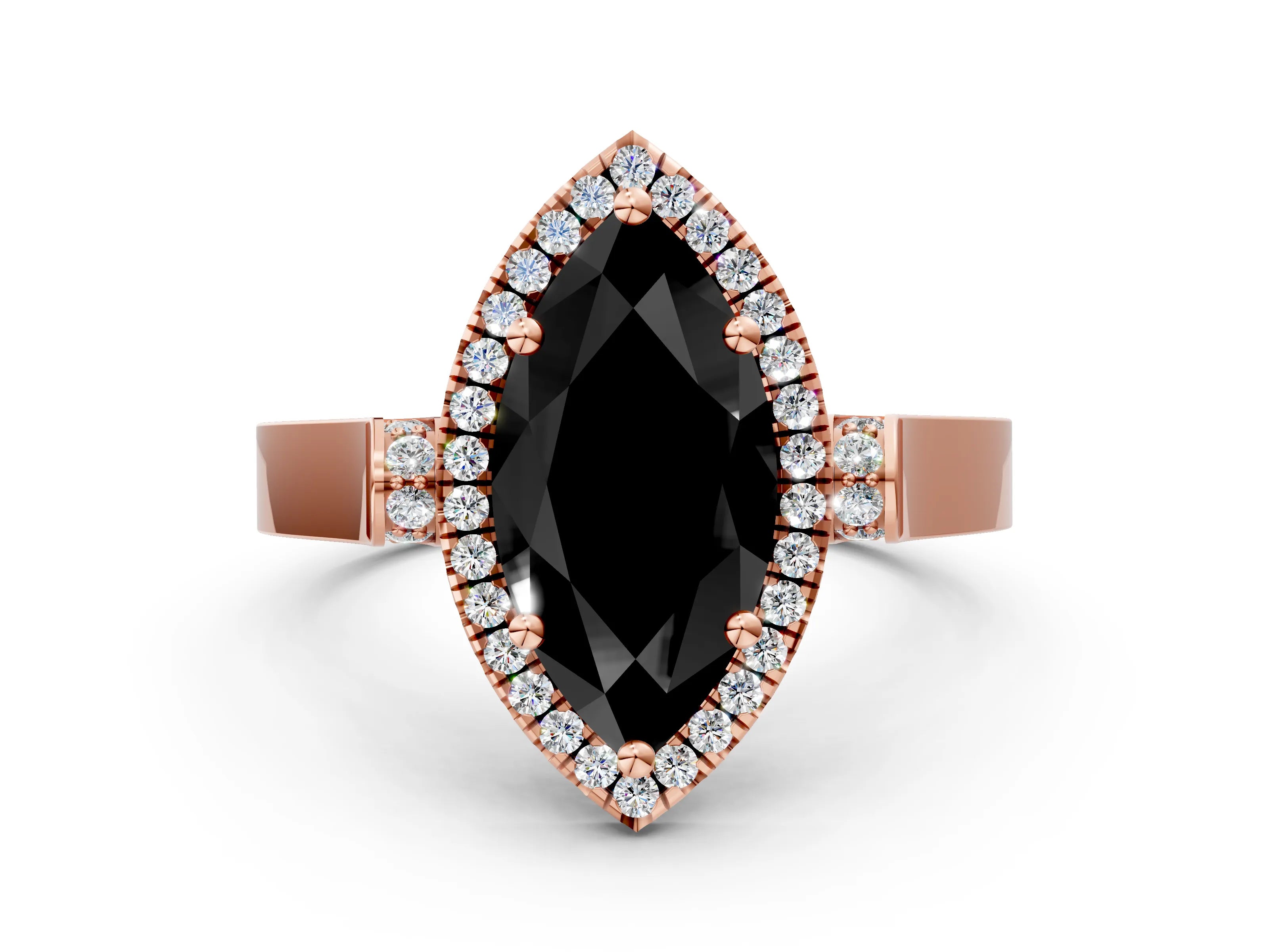 Rose gold Fancy Black Marquise Cut Halo Round Diamond Twist Band with Four-Prong Setting