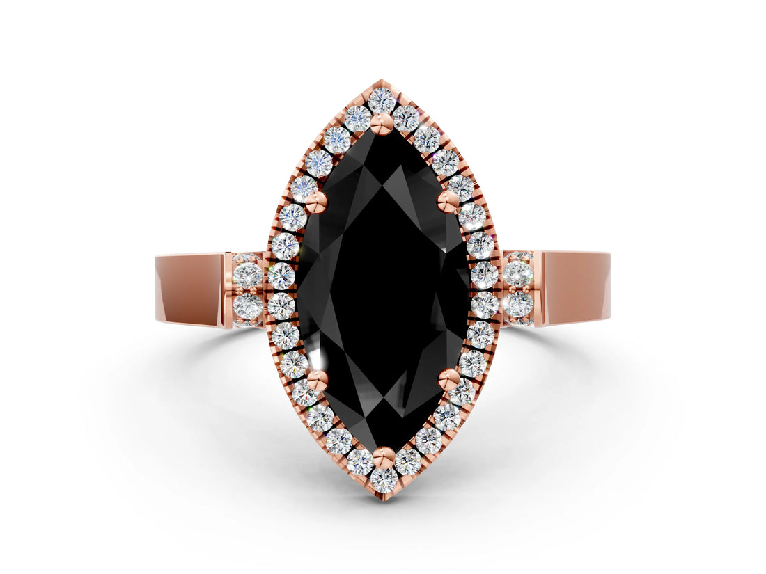 Rose gold Fancy Black Marquise Cut Halo Round Diamond Twist Band with Four-Prong Setting