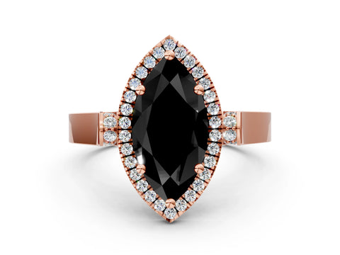 Rose gold Fancy Black Marquise Cut Halo Round Diamond Twist Band with Four-Prong Setting