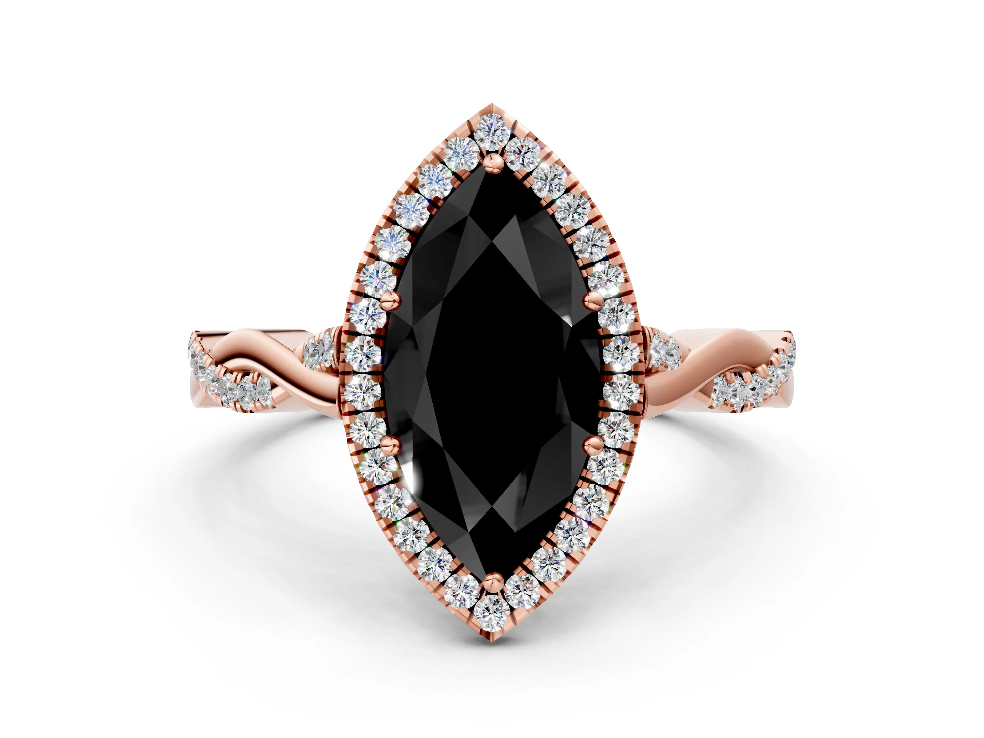 Rose gold Fancy Black Marquise Cut Halo Twist Band with Four-Prong Setting