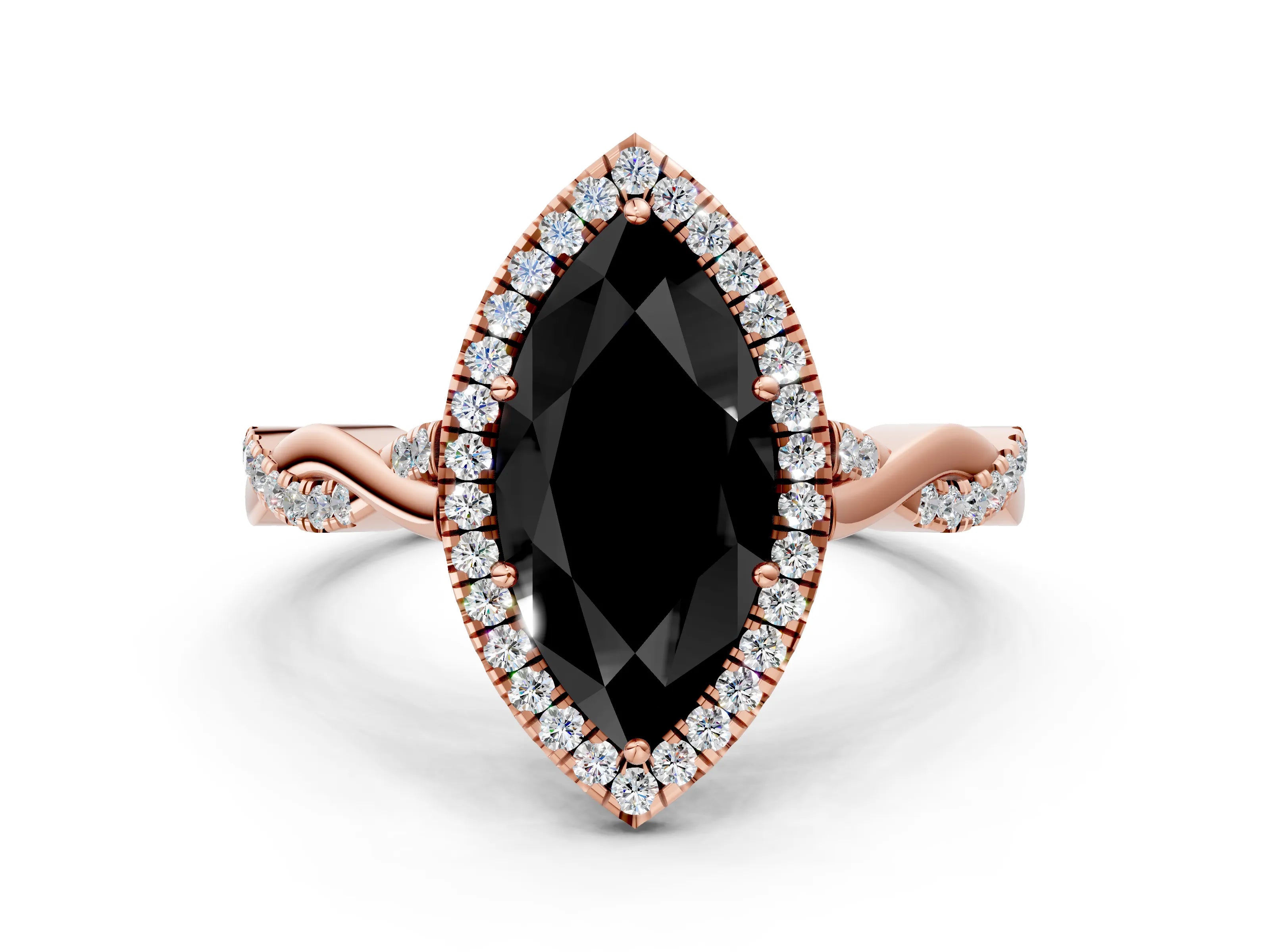 Rose gold Fancy Black Marquise Cut Halo Twist Band with Four-Prong Setting_12