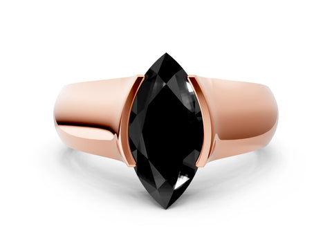Rose gold Fancy Black Marquise Cut Solitaire Bezel Set Diamond Ring with Wide Band