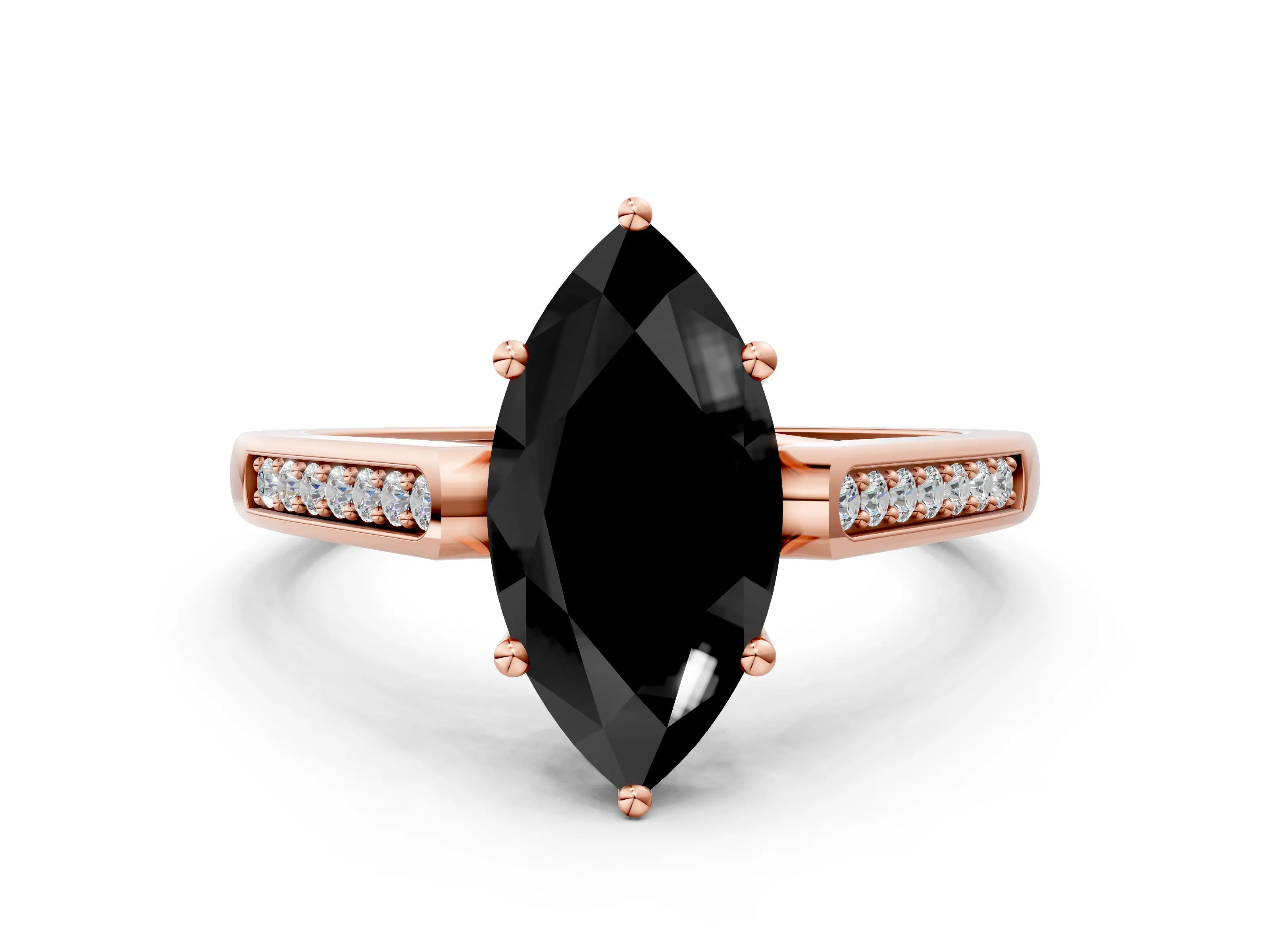 Rose gold Fancy Black Marquise Cut Solitaire Cathedral Diamond Engagement Ring with Channel-Set Band and Four-Prong Setting_3