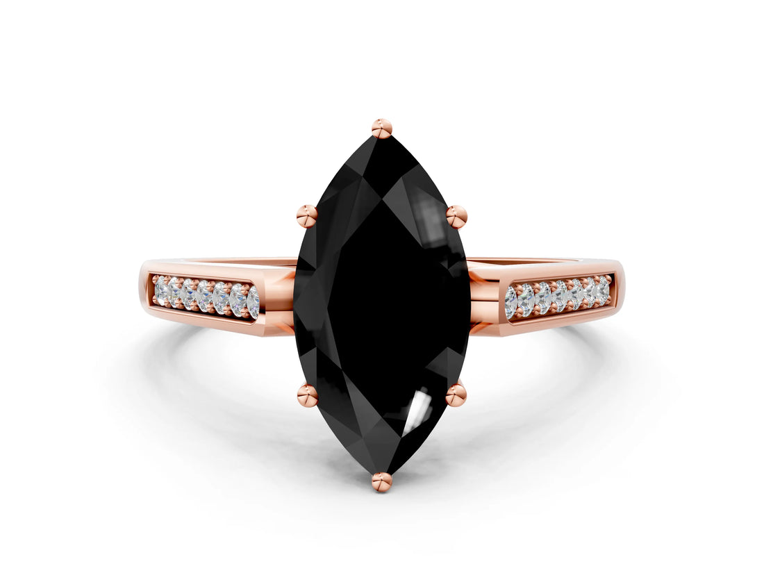 Rose gold Fancy Black Marquise Cut Solitaire Cathedral Diamond Engagement Ring with Channel-Set Band and Four-Prong Setting_3