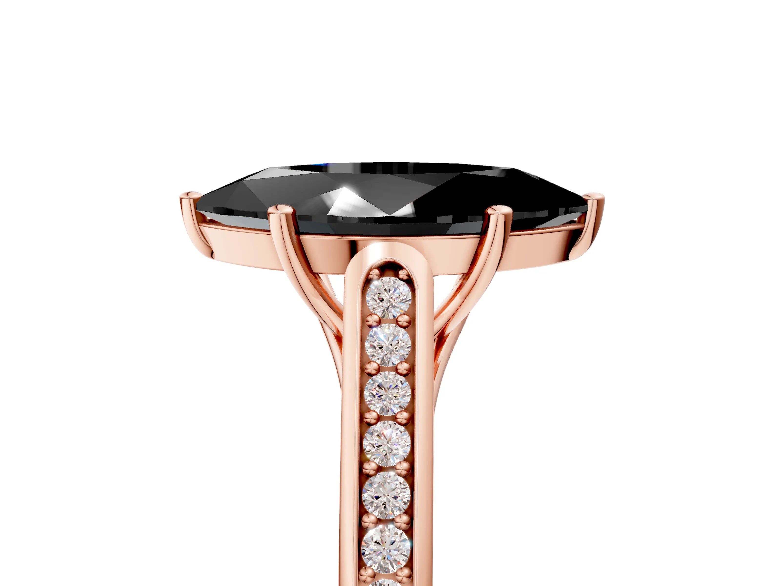 Rose gold Fancy Black Marquise Cut Solitaire Cathedral Diamond Engagement Ring with Channel-Set Band and Four-Prong Setting_8