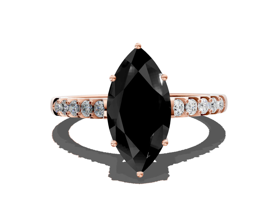 Rose gold Fancy Black Marquise Cut Solitaire Diamond Engagement Ring with Pavé Band and Six-Prong Setting_12