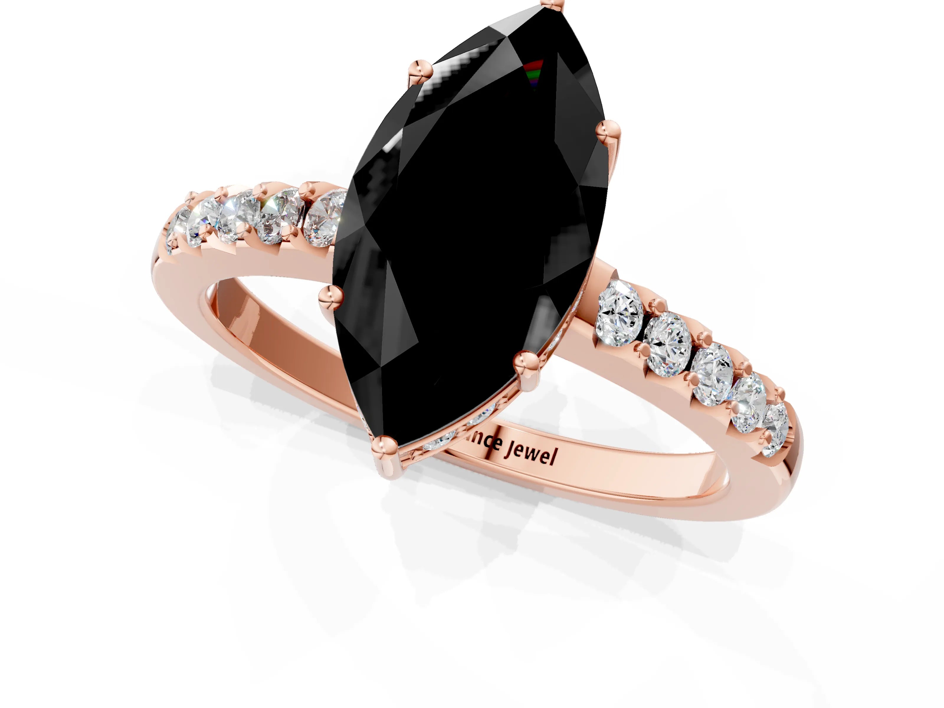 Rose gold Fancy Black Marquise Cut Solitaire Diamond Engagement Ring with Pavé Band and Six-Prong Setting_13