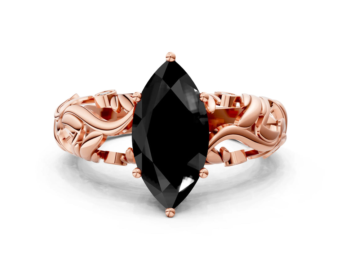 Rose gold Fancy Black Marquise Cut Solitaire Diamond Leaf-Inspired Vine Band Ring with Prong Setting