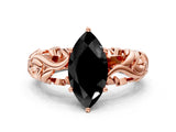 Rose gold Fancy Black Marquise Cut Solitaire Diamond Leaf-Inspired Vine Band Ring with Prong Setting