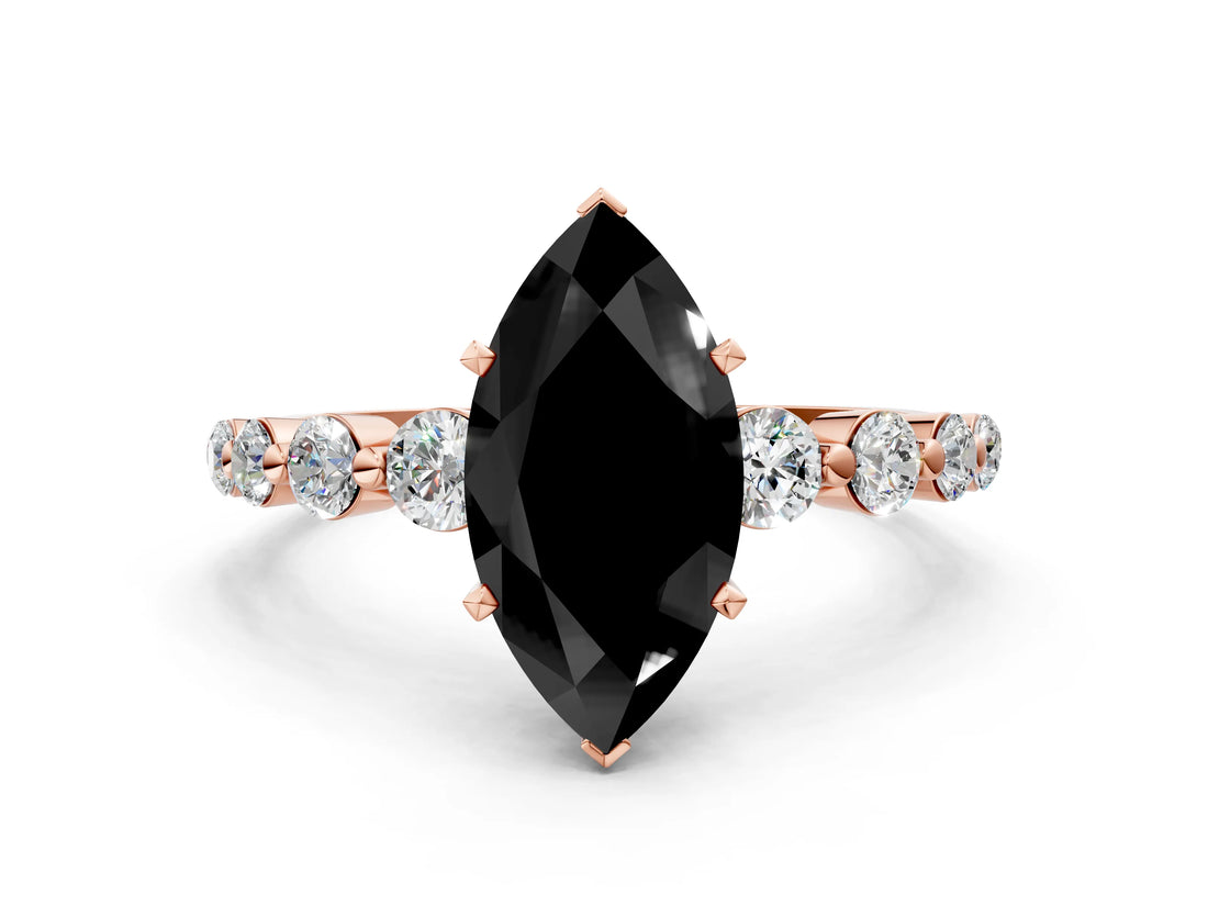 Rose gold Fancy Black Marquise Cut Solitaire Diamond Ring with Pave Band and Four-Prong Setting