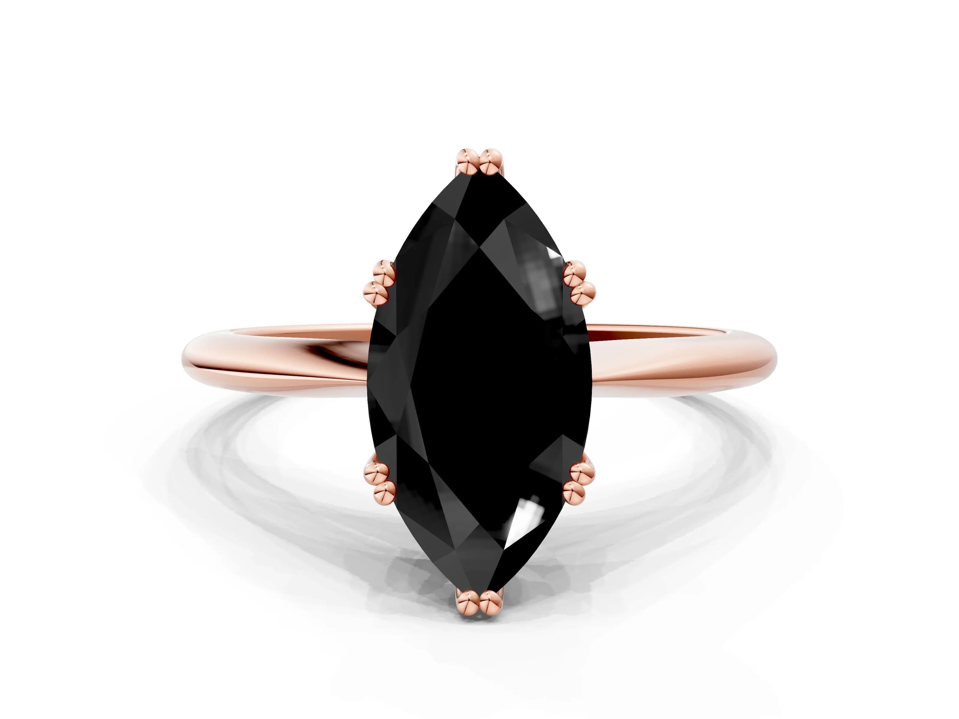 Rose gold Fancy Black Marquise Cut Solitaire Diamond Ring with Six-Prong Setting and Classic Band