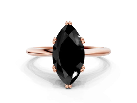 Rose gold Fancy Black Marquise Cut Solitaire Diamond Ring with Six-Prong Setting and Classic Band