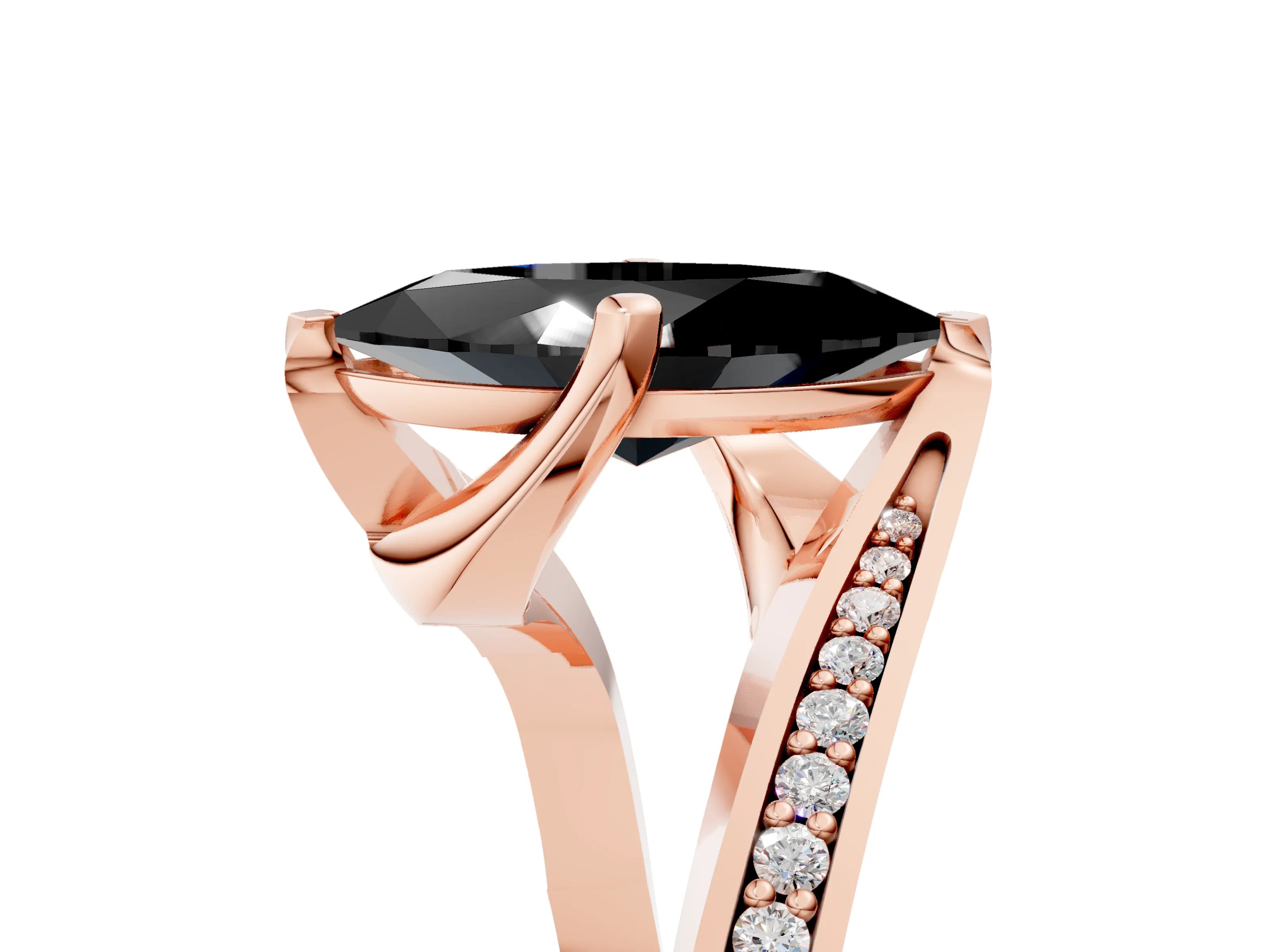 Rose gold Fancy Black Marquise Cut Solitaire Diamond Twist Band with Pavé Setting and Four-Prong Setting_5