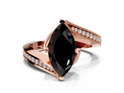 Rose gold Fancy Black Marquise Cut Solitaire Diamond Twist Band with Pavé Setting and Four-Prong Setting