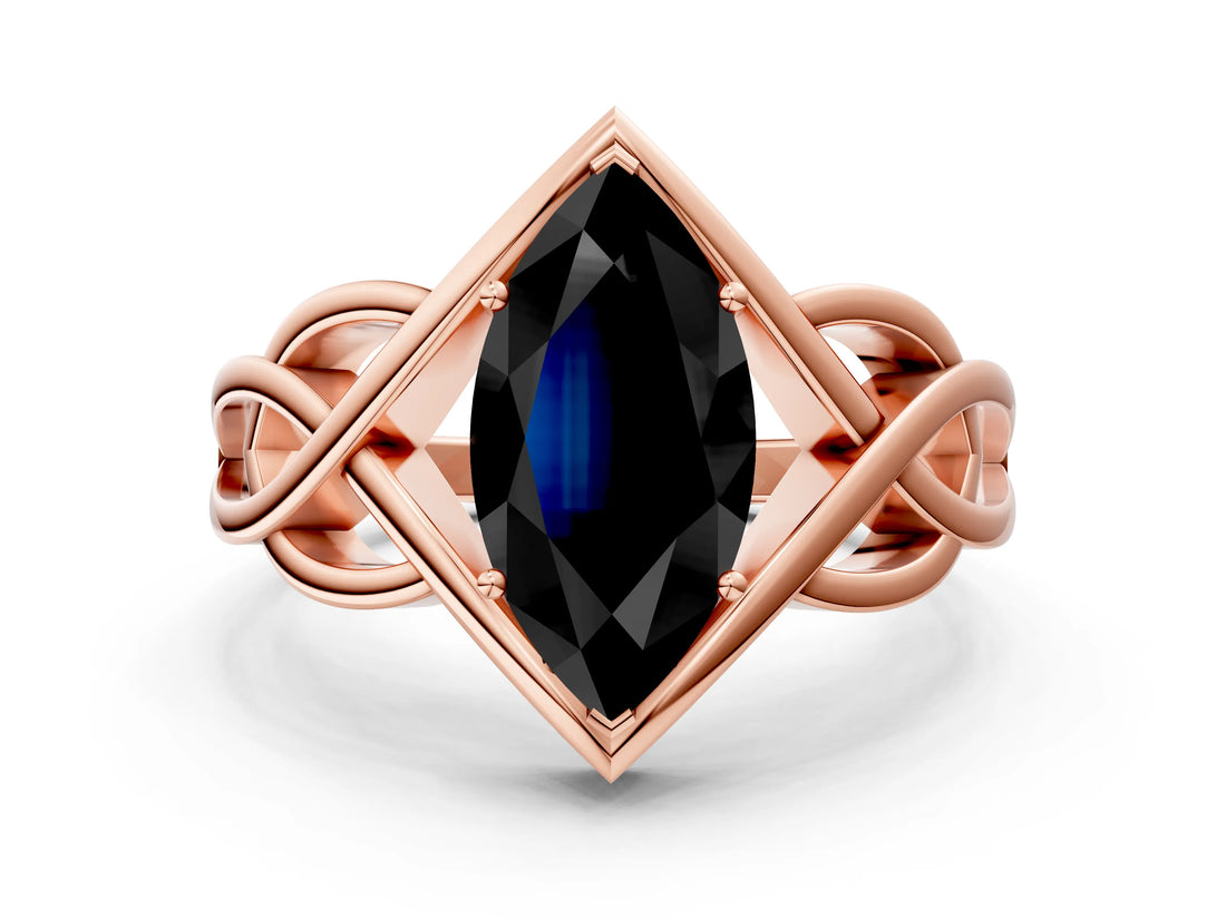 Rose gold Fancy Black Marquise Cut Solitaire Intertwined Band Prong Setting Ring