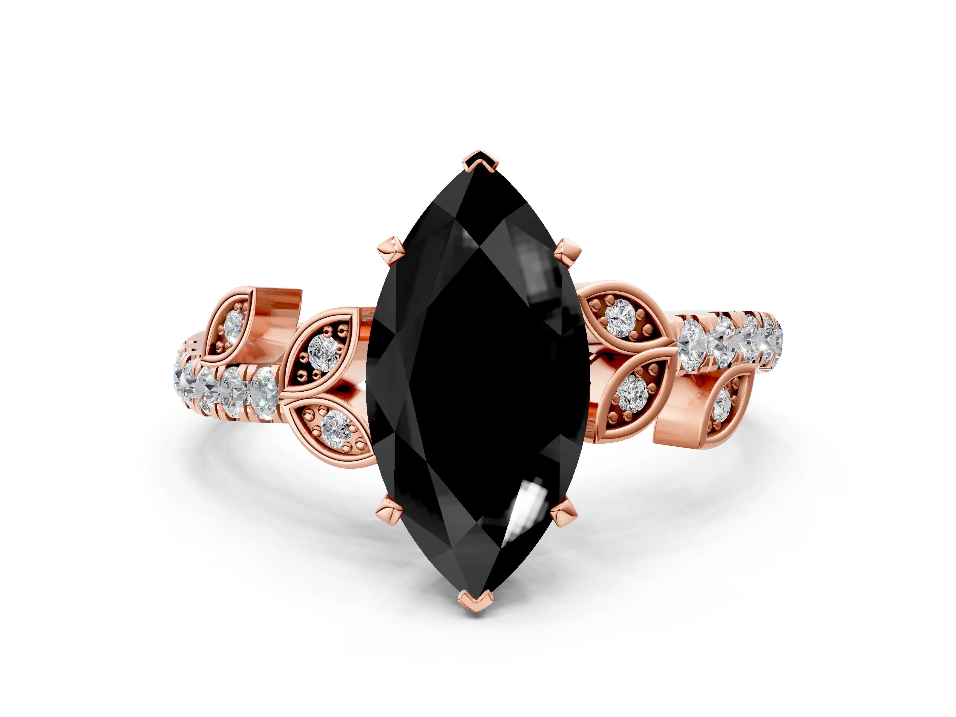 Rose gold Fancy Black Marquise Cut Solitaire Leaf-Inspired Diamond Ring with Pavé Band and Four-Prong Setting