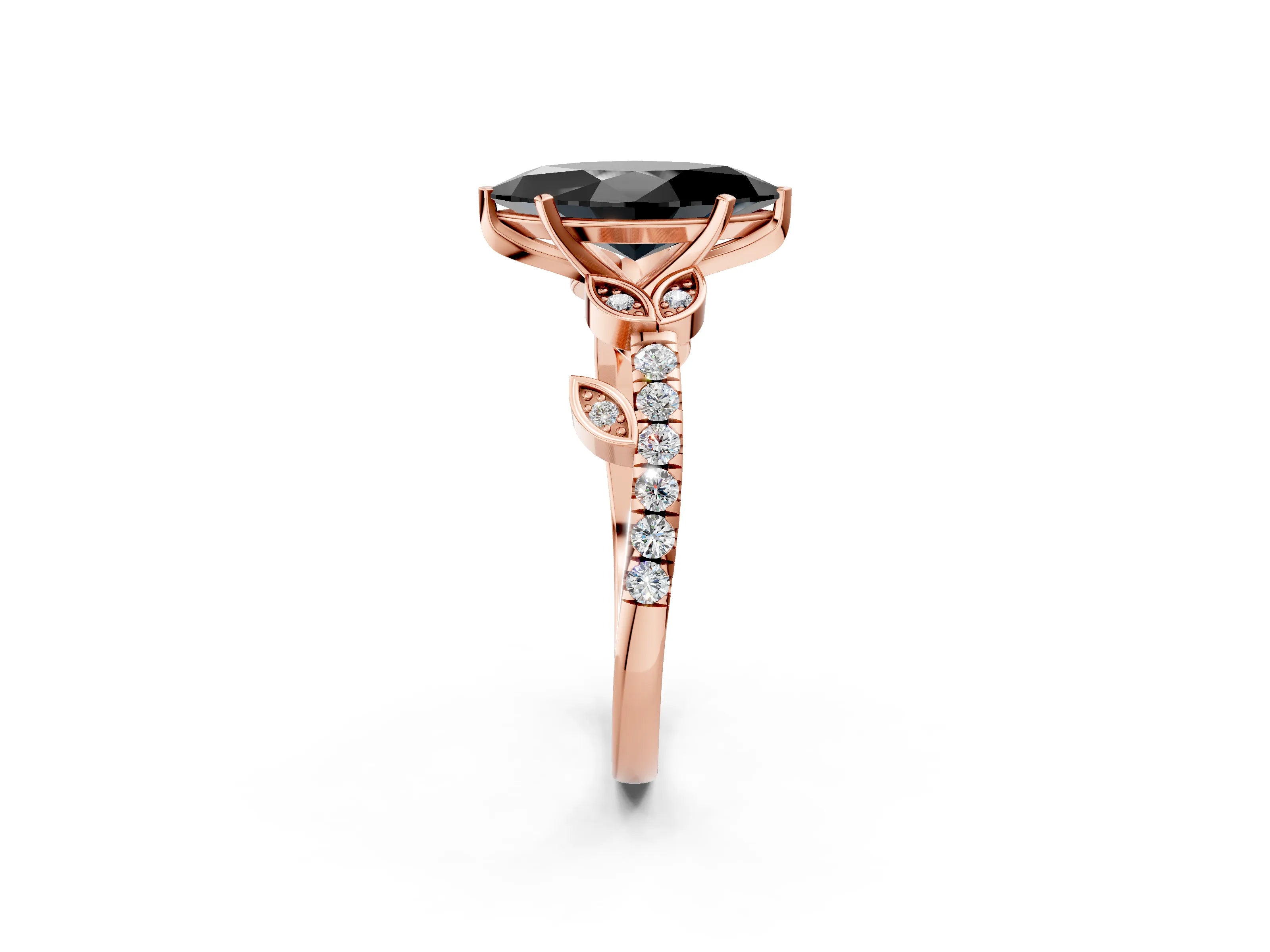 Rose gold Fancy Black Marquise Cut Solitaire Leaf-Inspired Diamond Ring with Pavé Band and Four-Prong Setting_2