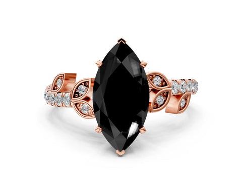 Rose gold Fancy Black Marquise Cut Solitaire Leaf-Inspired Diamond Ring with Pavé Band and Four-Prong Setting