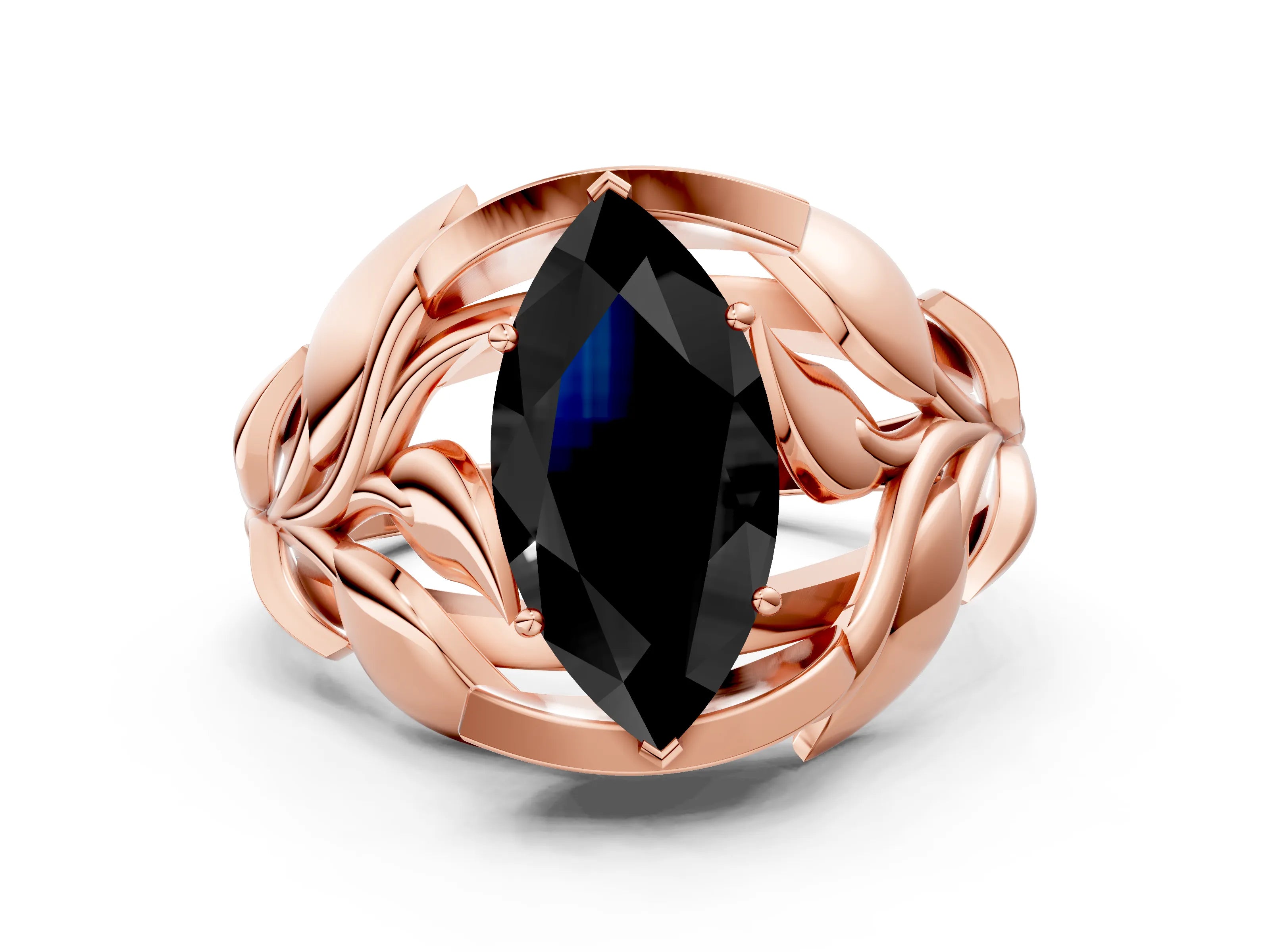 Rose gold Fancy Black Marquise Cut Solitaire Leaf-Inspired Engagement Ring with Prong Setting