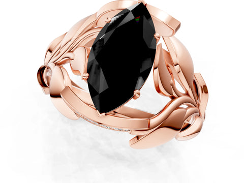 Rose gold Fancy Black Marquise Cut Solitaire Leaf-Inspired Engagement Ring with Prong Setting_1