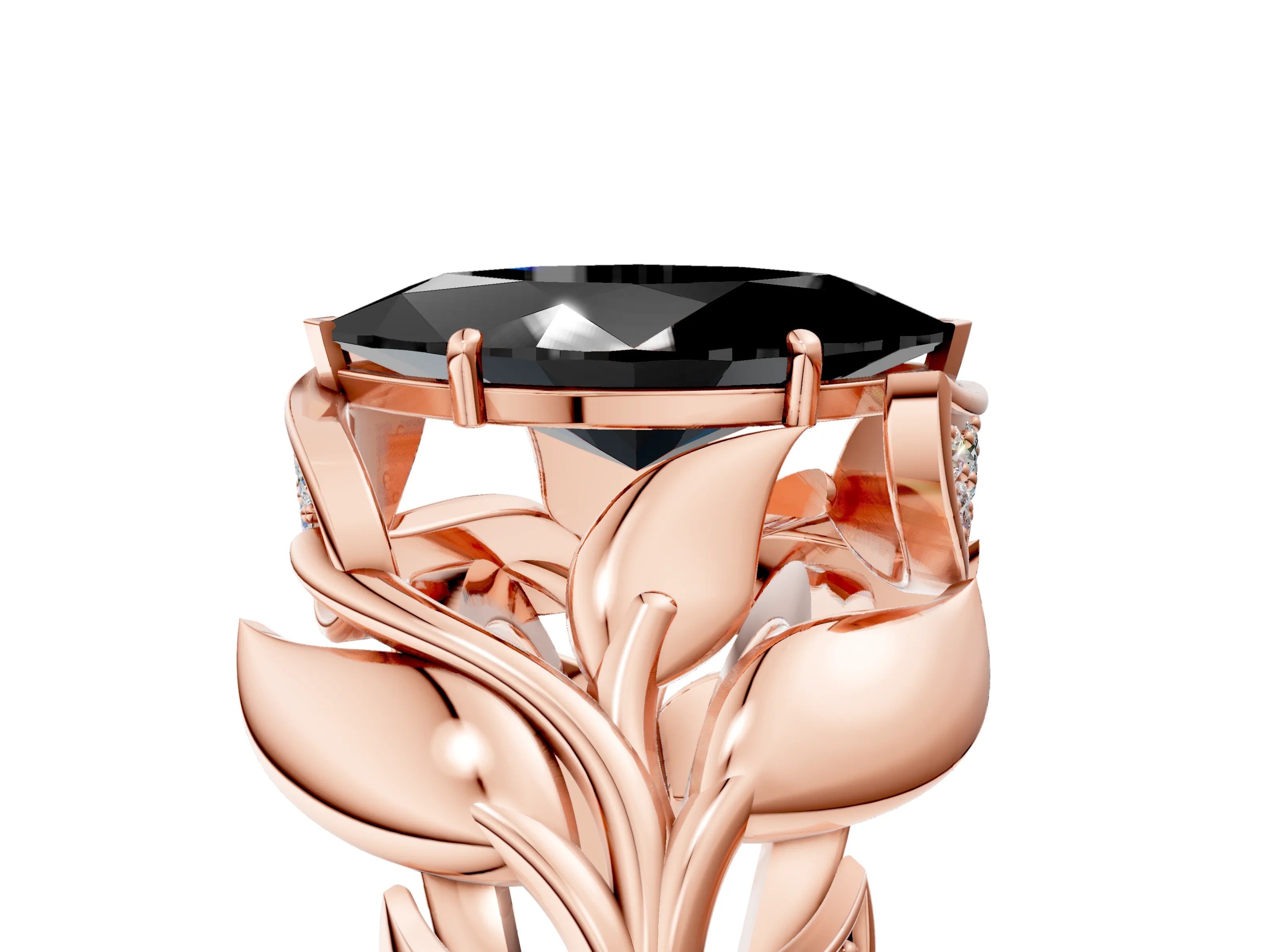 Rose gold Fancy Black Marquise Cut Solitaire Leaf-Inspired Engagement Ring with Prong Setting_5