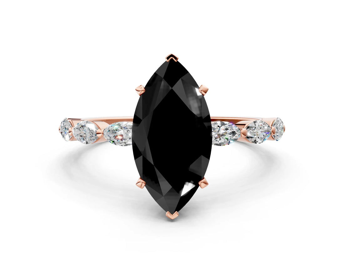 Rose gold Fancy Black Marquise Cut Solitaire Marquise Side Stone Prong Setting Ring