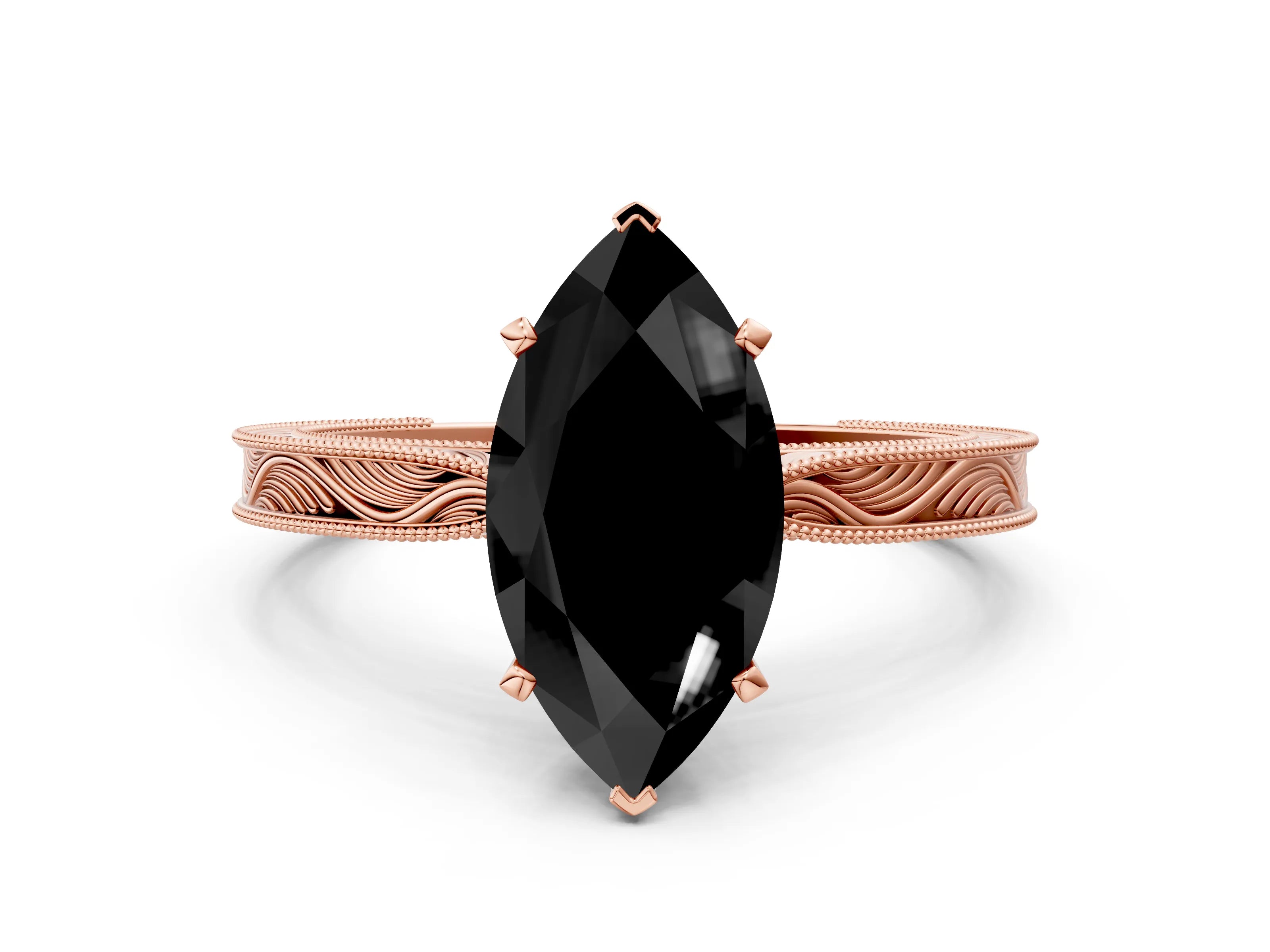Rose gold Fancy Black Marquise Cut Solitaire Milgrain Engraved Band with Four-Prong Setting