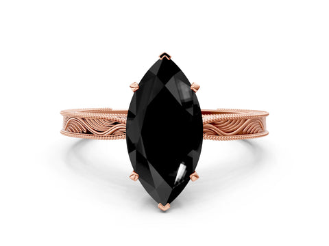 Rose gold Fancy Black Marquise Cut Solitaire Milgrain Engraved Band with Four-Prong Setting