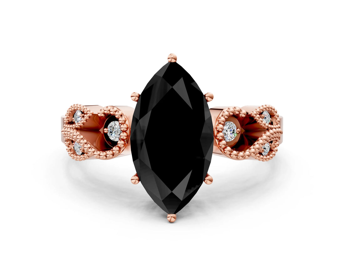 Rose gold Fancy Black Marquise Cut Solitaire Milgrain Leaf Band with Prong Setting