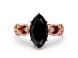 Rose gold Fancy Black Marquise Cut Solitaire Milgrain Leaf Band with Prong Setting