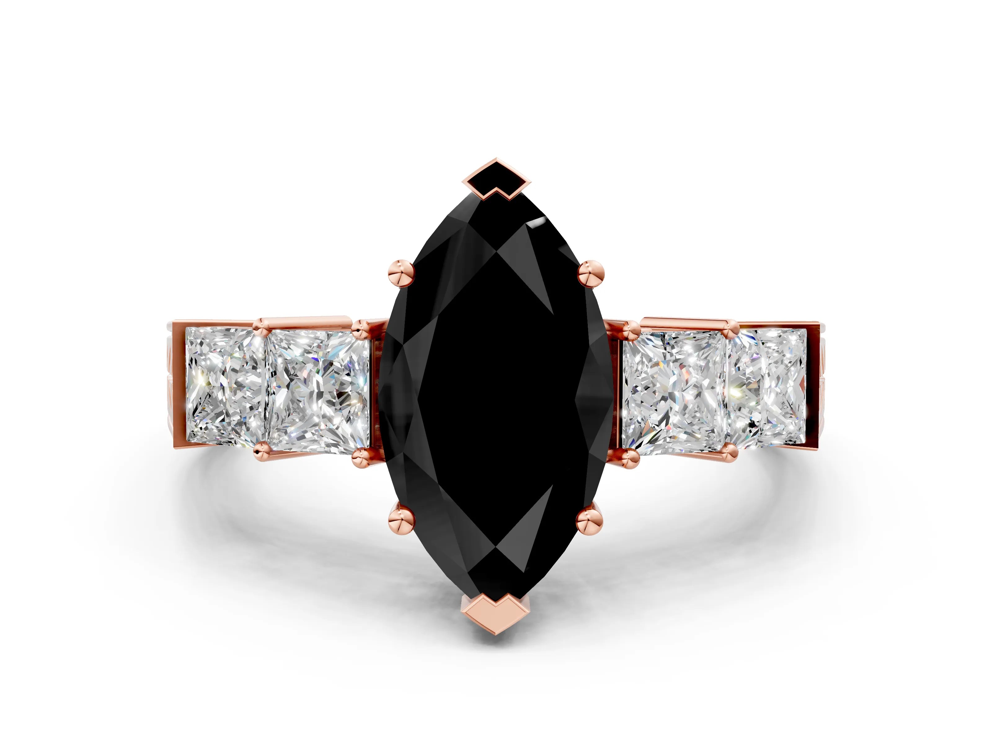 Rose gold Fancy Black Marquise Cut Solitaire Princess Side Stone Engraved Band Prong Setting Ring