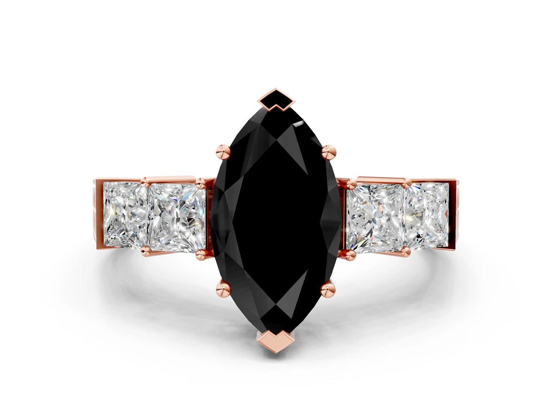Rose gold Fancy Black Marquise Cut Solitaire Princess Side Stone Engraved Band Prong Setting Ring