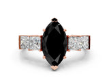 Rose gold Fancy Black Marquise Cut Solitaire Princess Side Stone Engraved Band Prong Setting Ring
