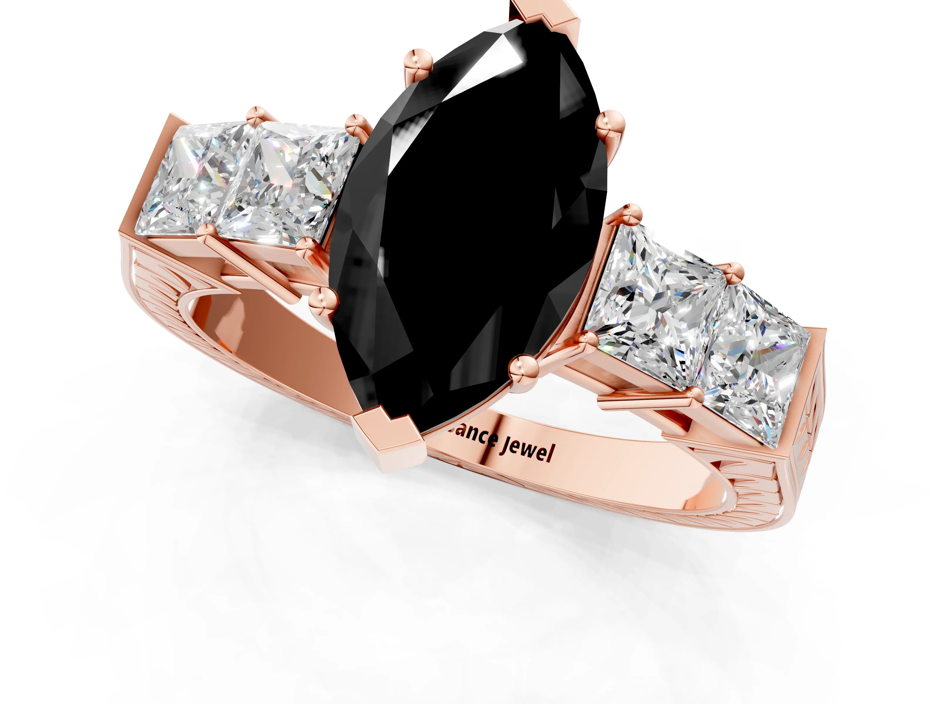Rose gold Fancy Black Marquise Cut Solitaire Princess Side Stone Engraved Band Prong Setting Ring_1