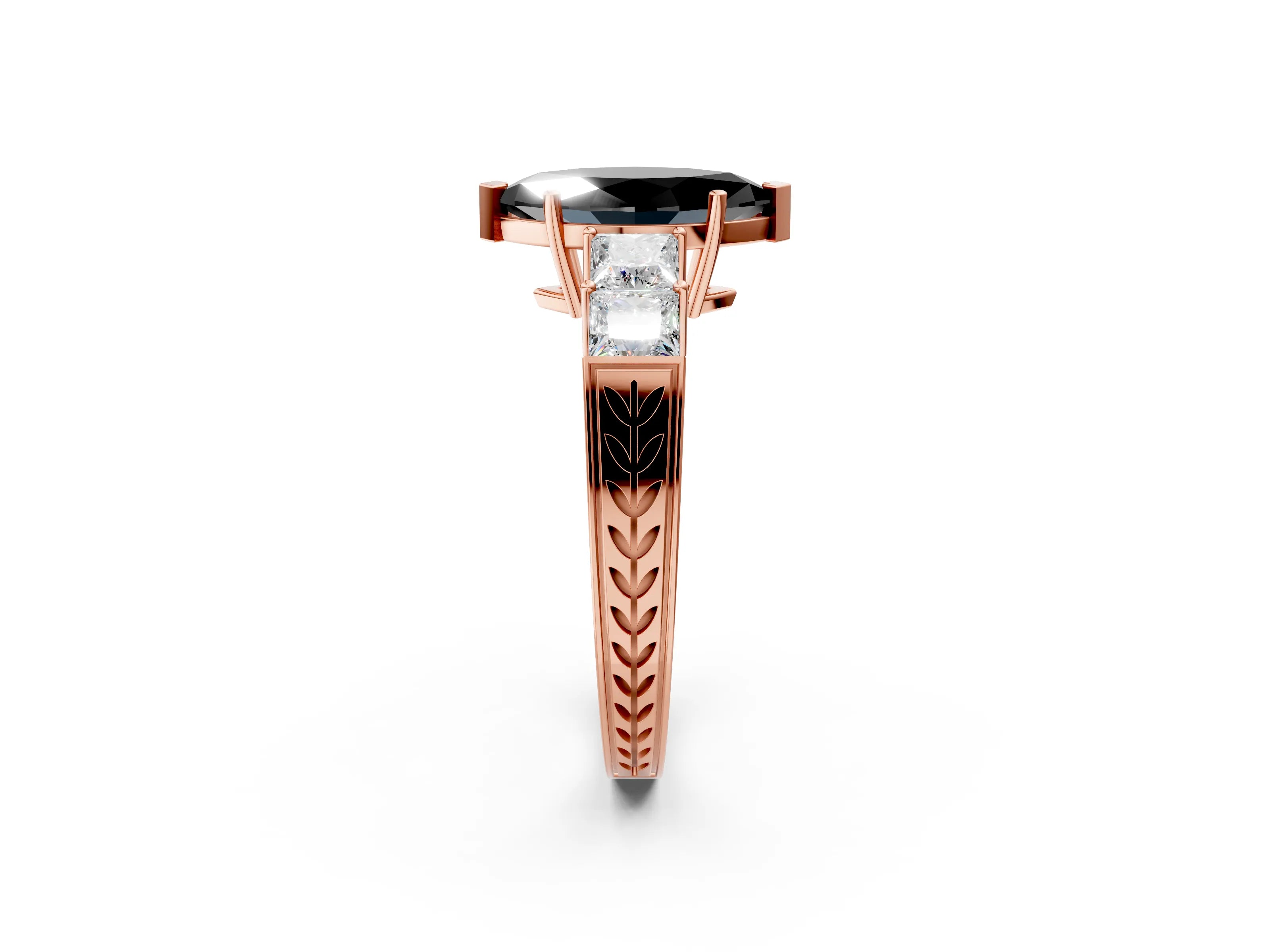 Rose gold Fancy Black Marquise Cut Solitaire Princess Side Stone Engraved Band Prong Setting Ring_2