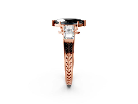 Rose gold Fancy Black Marquise Cut Solitaire Princess Side Stone Engraved Band Prong Setting Ring_2