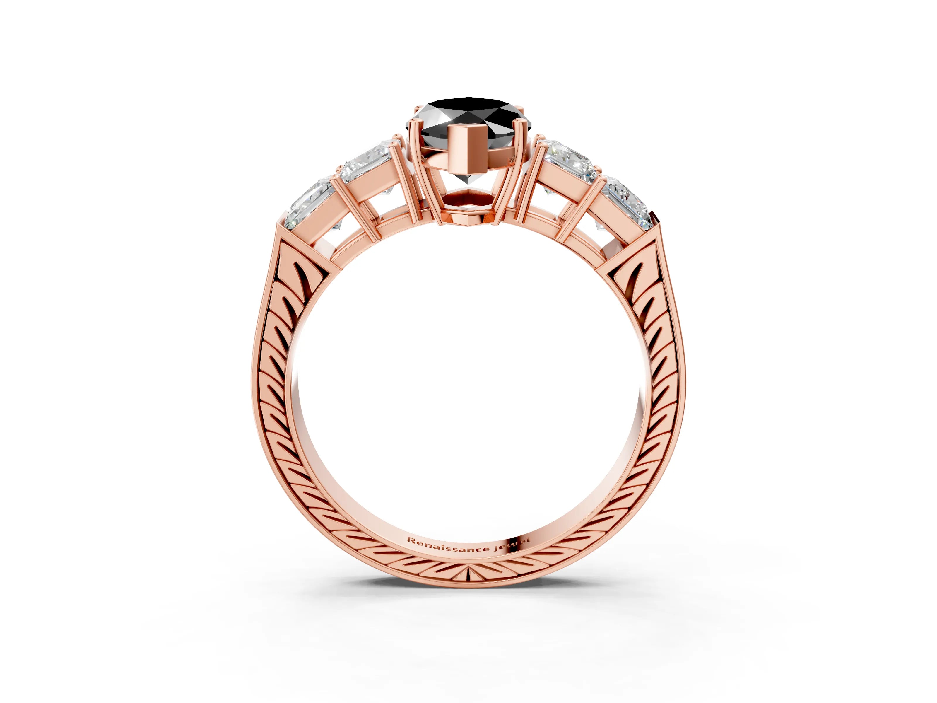 Rose gold Fancy Black Marquise Cut Solitaire Princess Side Stone Engraved Band Prong Setting Ring_3