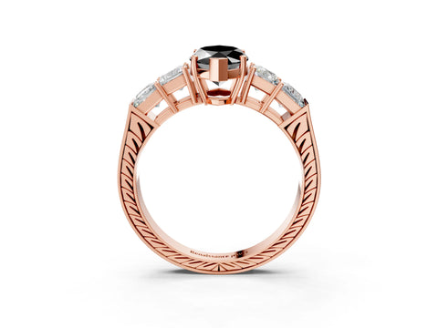Rose gold Fancy Black Marquise Cut Solitaire Princess Side Stone Engraved Band Prong Setting Ring_3