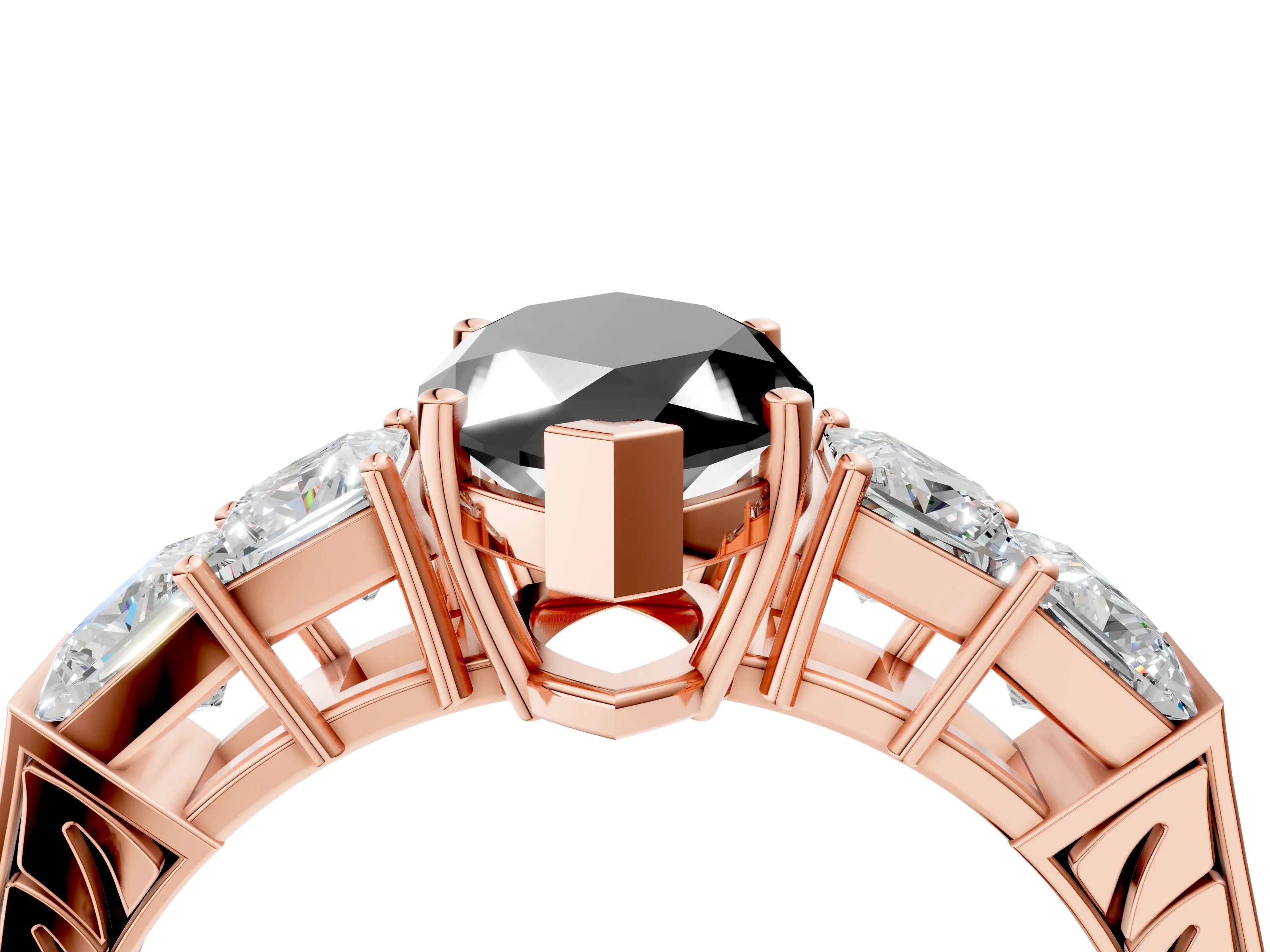 Rose gold Fancy Black Marquise Cut Solitaire Princess Side Stone Engraved Band Prong Setting Ring_4