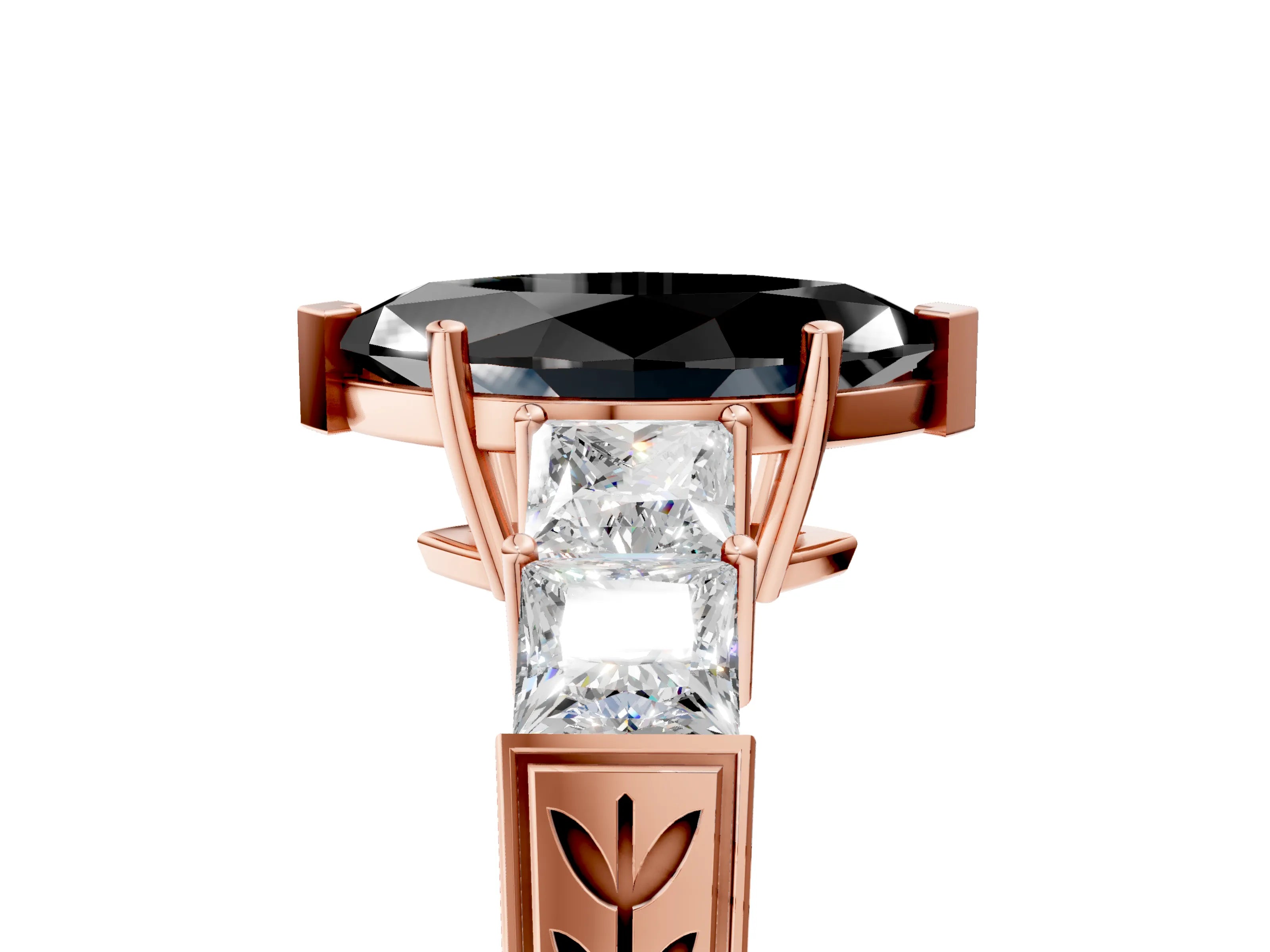 Rose gold Fancy Black Marquise Cut Solitaire Princess Side Stone Engraved Band Prong Setting Ring_5