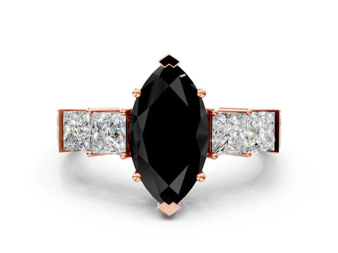 Rose gold Fancy Black Marquise Cut Solitaire Princess Side Stone Engraved Band Prong Setting Ring