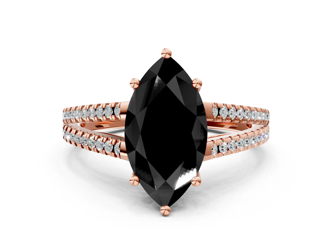 Rose gold Fancy Black Marquise Cut Solitaire Split Shank Pavé Diamond Engagement Ring