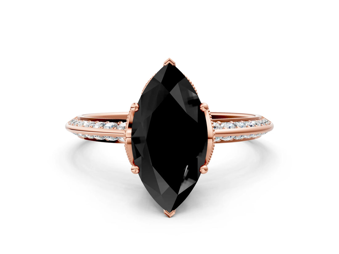 Rose gold Fancy Black Marquise Cut Solitaire Split Shank Pave Diamond Engagement Ring with Four-Prong Setting