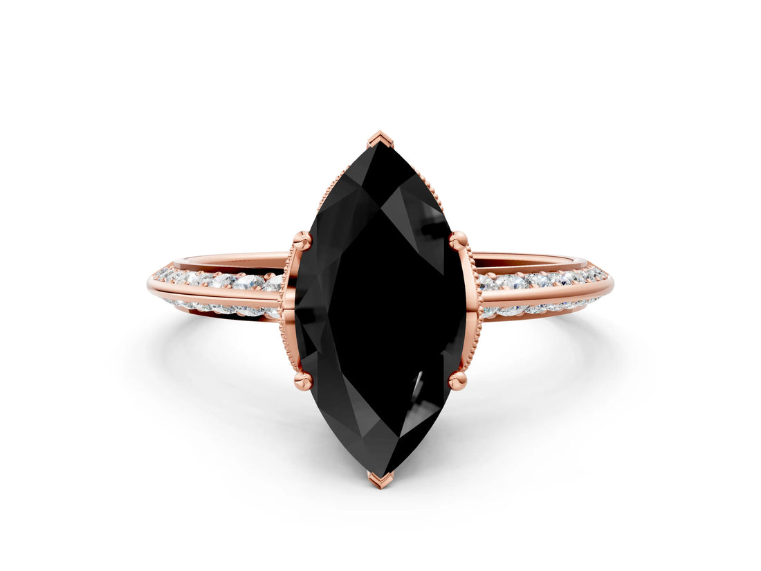 Rose gold Fancy Black Marquise Cut Solitaire Split Shank Pave Diamond Engagement Ring with Four-Prong Setting_24