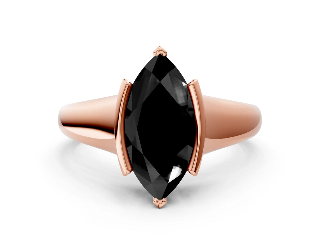 Rose gold Fancy Black Marquise Cut Solitaire Tension Set Diamond Ring with Split Shank Band