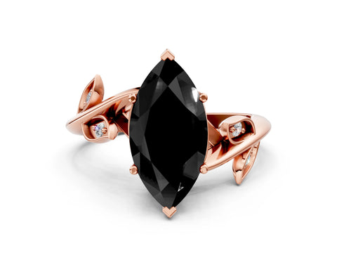 Rose gold Fancy Black Marquise Cut Solitaire Twist Engagement Ring with Leaf Accents and Prong Setting_12