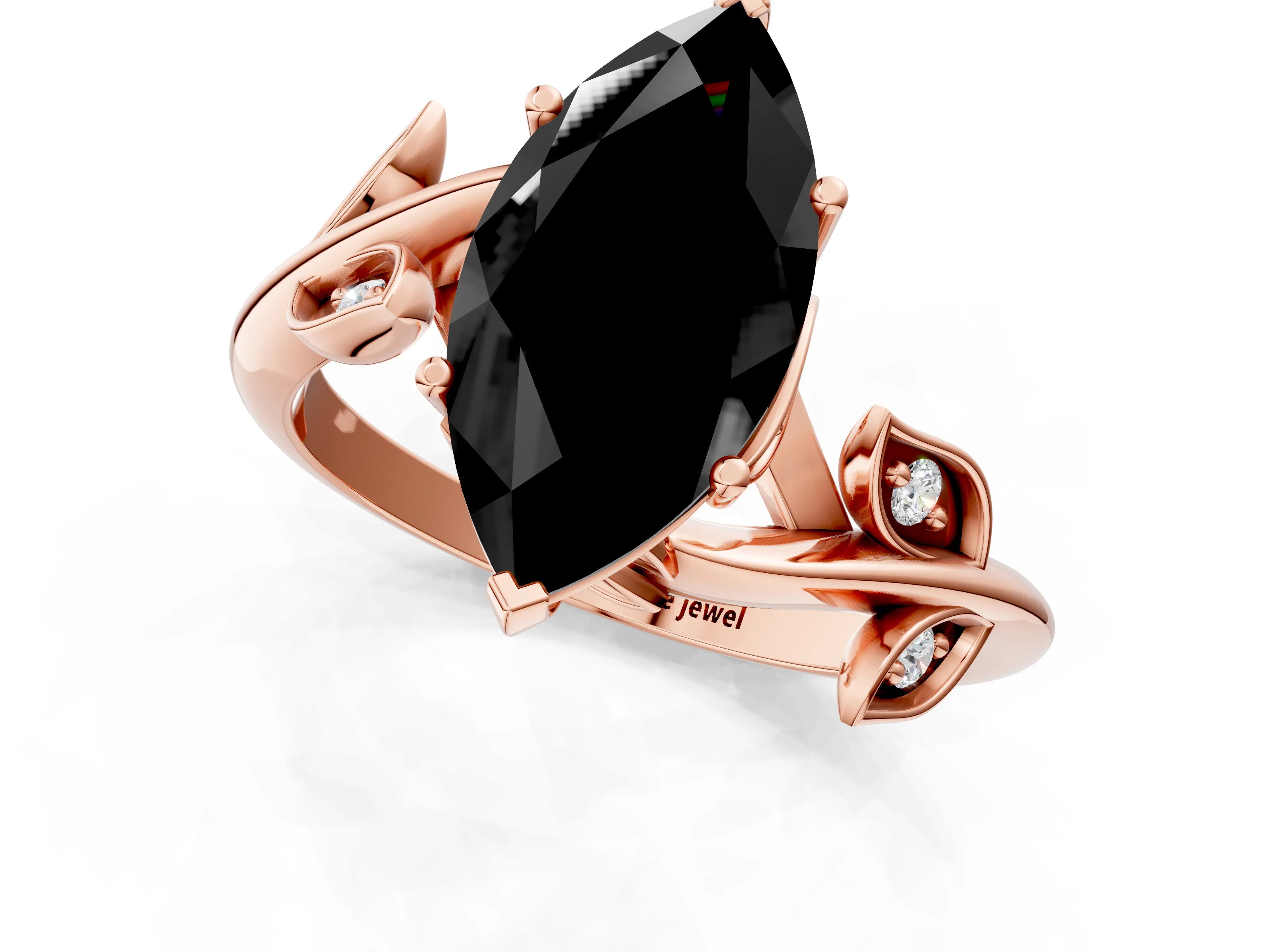 Rose gold Fancy Black Marquise Cut Solitaire Twist Engagement Ring with Leaf Accents and Prong Setting_13