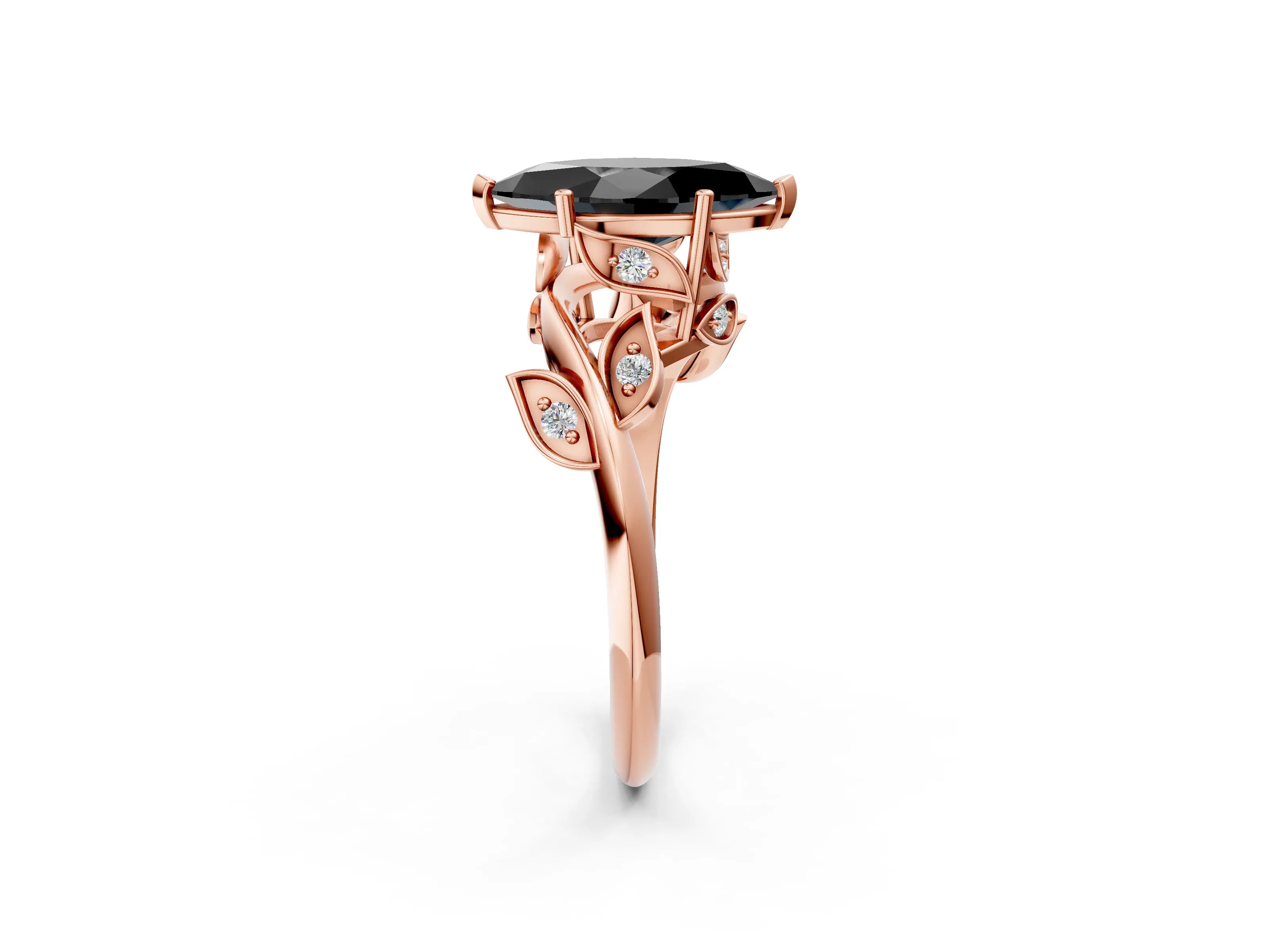 Rose gold Fancy Black Marquise Cut Solitaire Twist Engagement Ring with Leaf Accents and Prong Setting_14